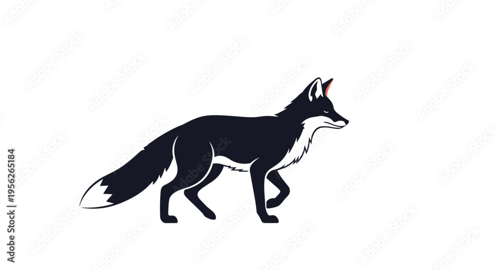 Fototapeta premium Silhouette of a dark fox with a white chest and tail tip walking gracefully on a white background for wildlife themes.