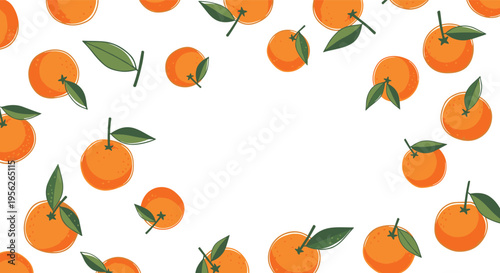 Scattered pattern of bright orange tangerines with green leaves and stems across a clean white background for a fresh look.