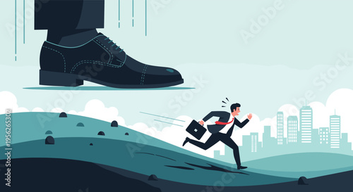 Conceptual illustration of a small businessman running away from a giant black business shoe falling from the sky.