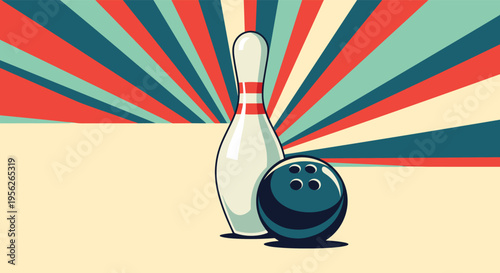 Bowling pin and a black bowling ball set against a retro style sunburst background with red, blue, and cream colored stripes.