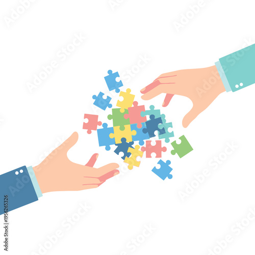 Teamwork and Collaboration: Hands assembling a puzzle, symbolizing solutions and partnership