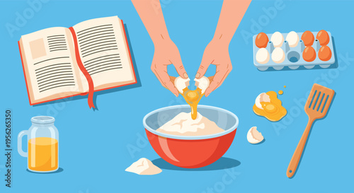 Top view illustration of hands cracking a fresh egg into a bowl of white flour for a baking recipe on a blue surface.