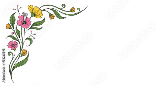 Elegant corner floral arrangement featuring pink and yellow blossoms with green leaves and delicate swirling vine accents.