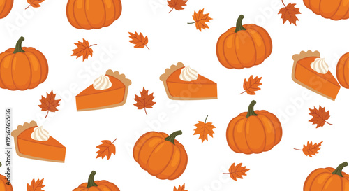 Festive autumn seamless pattern showcasing slices of pumpkin pie with whipped cream, whole pumpkins, and fall leaves.