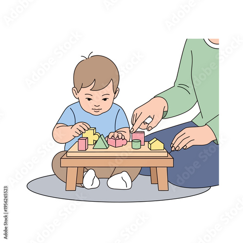 Toddler learning with colorful wooden blocks at small table with adult supervision