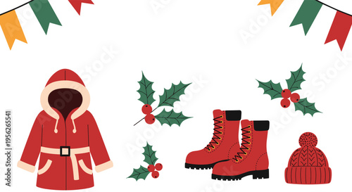 Winter holiday themed items including a red coat, warm boots, a knit hat, and sprigs of green holly with red berries.