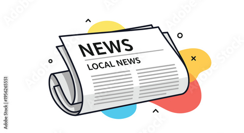 Vector icon of a folded newspaper featuring the headline Local News against a background of colorful abstract shapes.