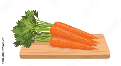 Bunch of fresh orange carrots with vibrant green leafy tops resting on a wooden cutting board for food preparation.