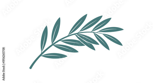 Elegant single green leaf branch with multiple small leaves arranged in a natural and balanced composition on white ground.