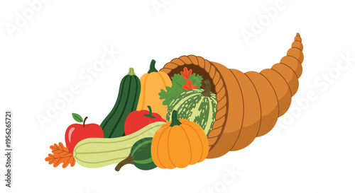 Traditional thanksgiving cornucopia overflowing with colorful pumpkins squash gourds and an apple for a bountiful harvest.