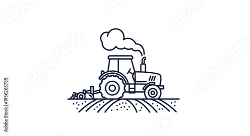 Minimalist line art illustration of a farm tractor working in a tilled field with a small puff of smoke from its exhaust.