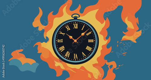Fire burns around a clock showing time with a blue background in a creative design