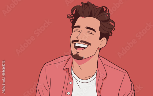 Man shows happiness with a smile against a bright background in a simple style