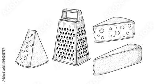 Hand drawn sketch of a box grater alongside different types of cheese including wedges with holes for culinary design.