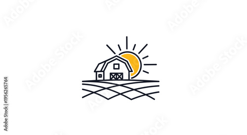 Stylized line icon of a rural farm barn situated in front of a bright rising sun and stylized fields for farm branding.