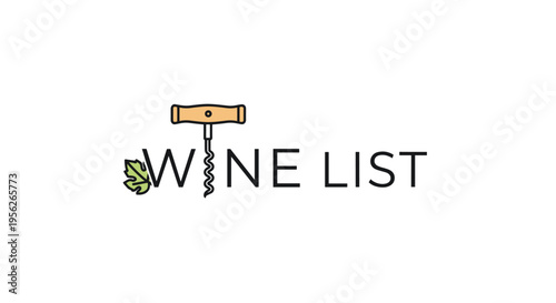 Creative wine list logo featuring the words integrated with a wooden handle corkscrew and a single green leaf on the side.