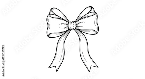 Beautifully detailed black and white sketch of a classic ribbon bow with elegant folds and long tails for gift wrapping.