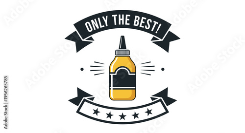 Vintage style emblem featuring a yellow mustard bottle framed by black ribbons with the text only the best and five stars.
