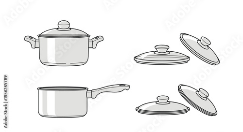 Collection of stainless steel kitchen cookware including a large pot and a smaller saucepan with their matching glass lids.