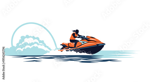 Dynamic illustration of a person wearing a life jacket riding an orange jet ski on the water with a large splashing wave.