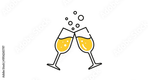 Festive line art icon of two champagne flutes clinking together in a toast with golden liquid and floating bubbles.