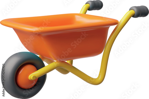 Wheelbarrow 3D plastic style, vector realistic wheel barrow, cart with handles, construction or garden carriage trolley