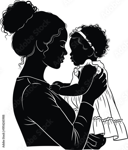 Black and white silhouette of mother holding baby girl, tender maternal love, parenting bond, family care, emotional connection, minimal vector illustration design