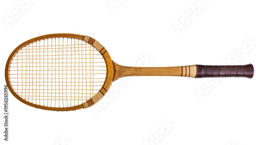 Schilderij op canvas Isolated vintage wooden tennis racket classic sport equipment with brown leather