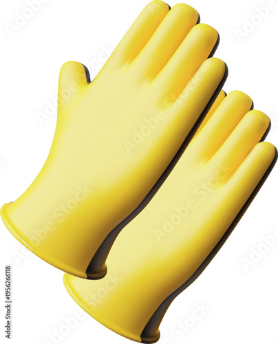 Pair of safety construction gloves 3D plastic style vector icon, realistic yellow household protective disposable gloves