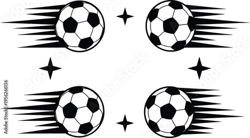 Black and white vector illustration of flying soccer balls with speed motion lines and stars for sports competition, football tournament, and graphic design,