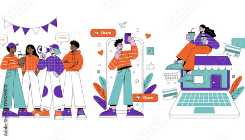 Business Startup Concept Set with Networking Event, Social Media Campaign, and E-commerce Setup Illustrations.eps