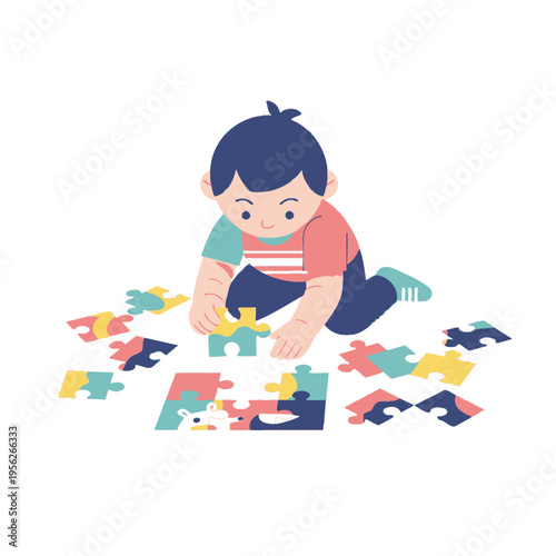 Child Playing with Colorful Puzzle Pieces, Developing Skills