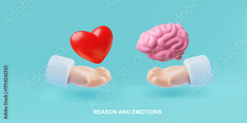 Reason and emotions 3D vector banner, human brain and heart in hands, Mental health, psychology health care therapy