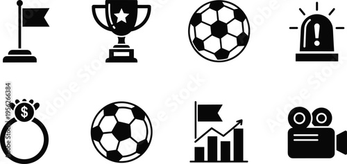 Black silhouette icon set featuring soccer ball, trophy, money ring, bar graph, camera, and siren for sports business and media marketing vector design,