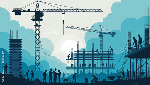 Bustling Construction Site Silhouette with Cranes and Workers at Sunset.eps