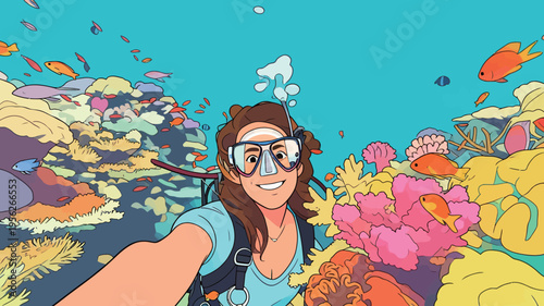 Diving under water with colorful corals and fish in a vibrant ocean scene during daytime