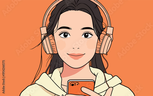 Young woman listens to music on headphones while holding a smartphone against an orange background