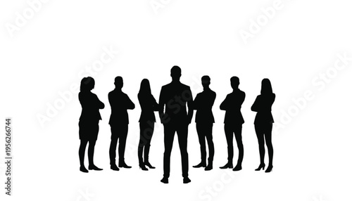 Team leader stands confidently centered before a group of seven professional colleagues in silhouette.