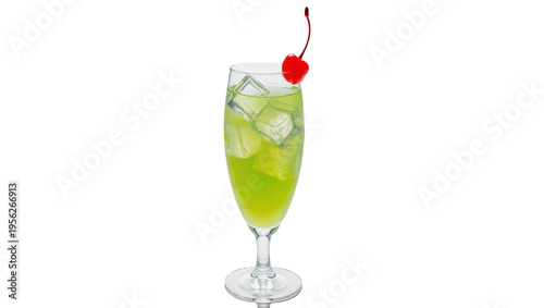 Konstfotografi Isolated vibrant green cocktail drink with ice cubes and a red maraschino cherry