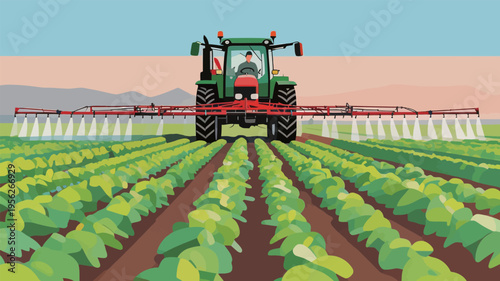 Tractor sprays crops in a field during daylight in a farming area surrounded by mountains