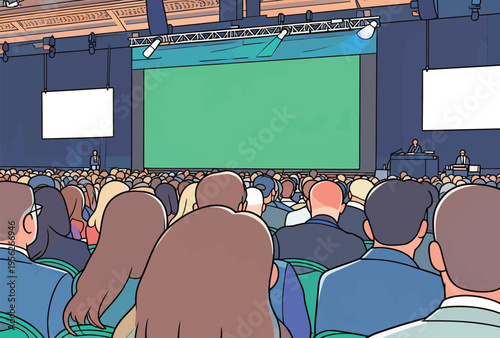 Large audience watches speaker on stage in conference room with green backdrop