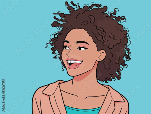 Young woman with curly hair smiles while looking to the side against a blue background in a bright and cheerful scene