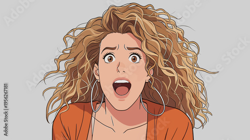 Person with curly hair shows surprise or shock while expressing strong emotions against a plain background