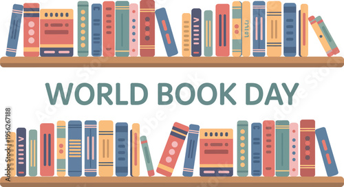 World Book Day with bookshelves and colorful books Keywords: World Book Day, books, bookshelf