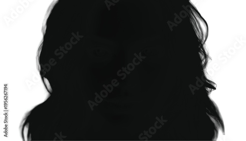 Close up silhouette portrait of a woman with long flowing hair seen from the shoulders up on a plain white.