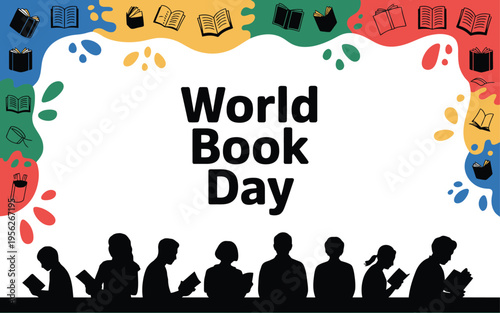 World Book Day Celebration with Silhouettes and Book Icons