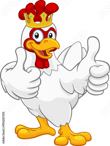 A chicken rooster cockerel bird cartoon character in a kings gold crown giving a double thumbs up