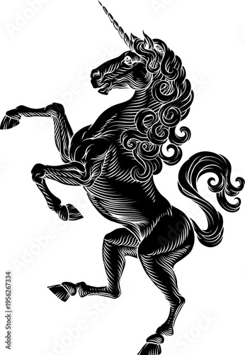 A heraldry coat of arms crest style rearing heraldic Unicorn standing on hind legs in a vintage style