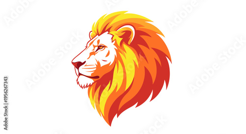 Stylized lion head illustration with fiery mane in profile view