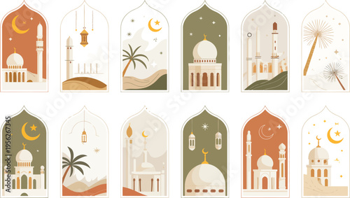 Islamic Arches with Mosques and Celestial Elements